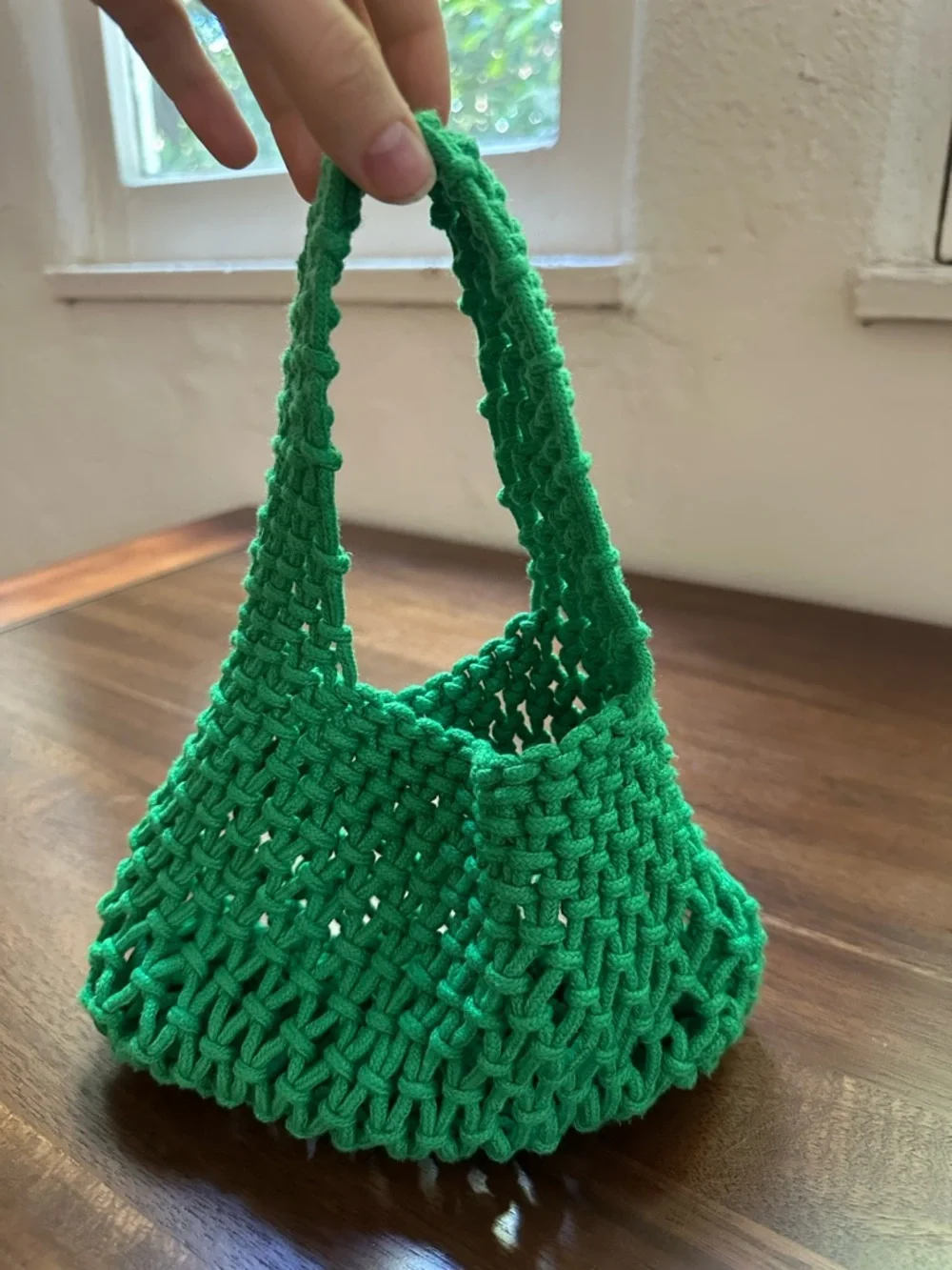 Mini Hand-Knit Green Crochet Market Tote
